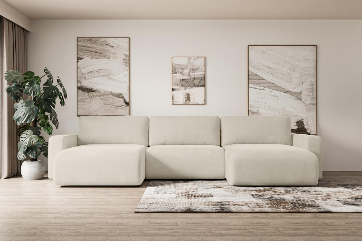 WOHNLANDSCHAFT mit Schlaffunktion und Bettkasten KLEEA-U - 347x143x83 cm Beige Velours - Beige/Creme, Holzwerkstoff/Kunststoff (347/83/143cm) - ALTDECOR