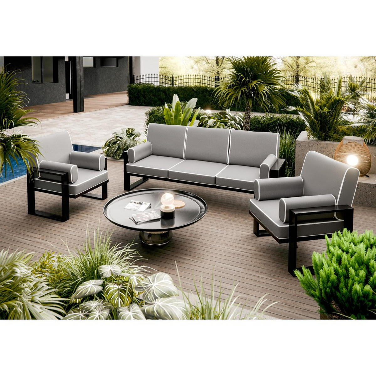 GARTENSET Verdino 3+1+1 mit Metallrahmen anthrazit - Anthrazit, Metall - Beautysofa