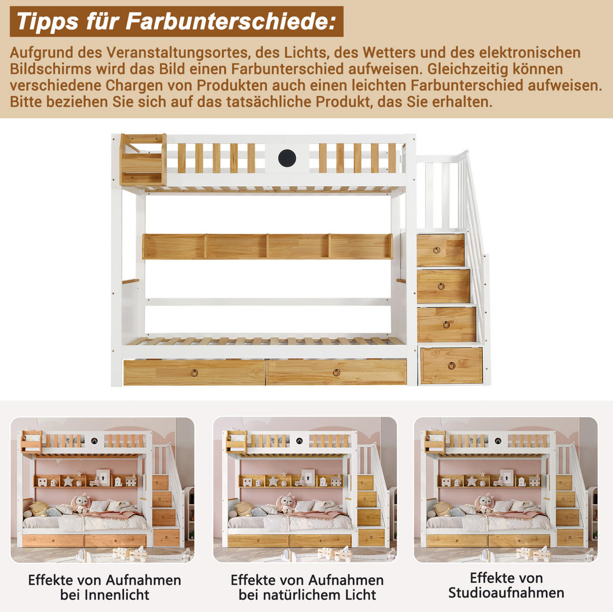 ETAGENBETT aus Kiefer und MDF 90x200 cm Weiß/Natur mit Stauraumtreppe, 2 Schubladen und Fallschutzgitter - Weiß, Holzwerkstoff (90/200cm) - Modfu