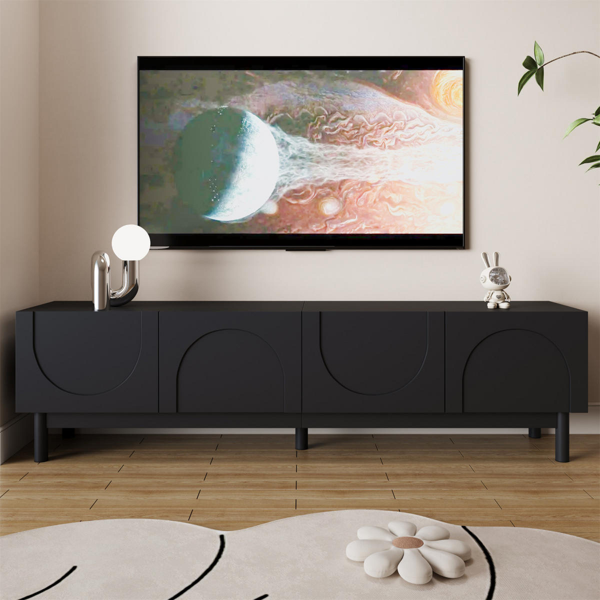TV Lowboard 4 Türen, verstellbare Einlegeböden, Schwarz - Schwarz, Holz (169/45/34cm)