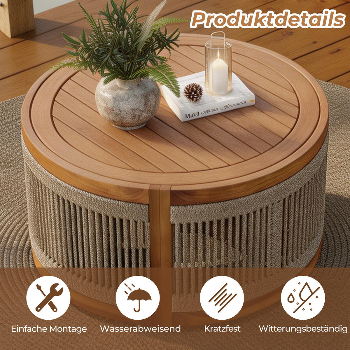 RUNDER Couchtisch Outdoor | Ø80 x H42 cm - Braun, Holz (80/80/41.5cm) - Hometopia