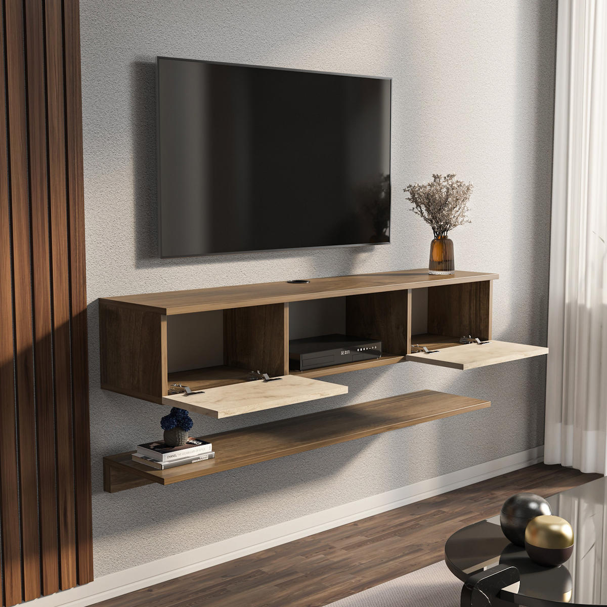 TV-ELEMENT Elia Walnußbraun Travertein - Walnussfarben, Holzwerkstoff (140/25.6/32cm) - Decorotika