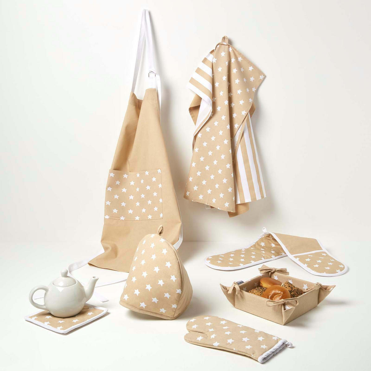 OFENHANDSCHUH Sterne 18/32 cm, Baumwolle wattiert - Beige, Textil (18/32cm) - Homescapes