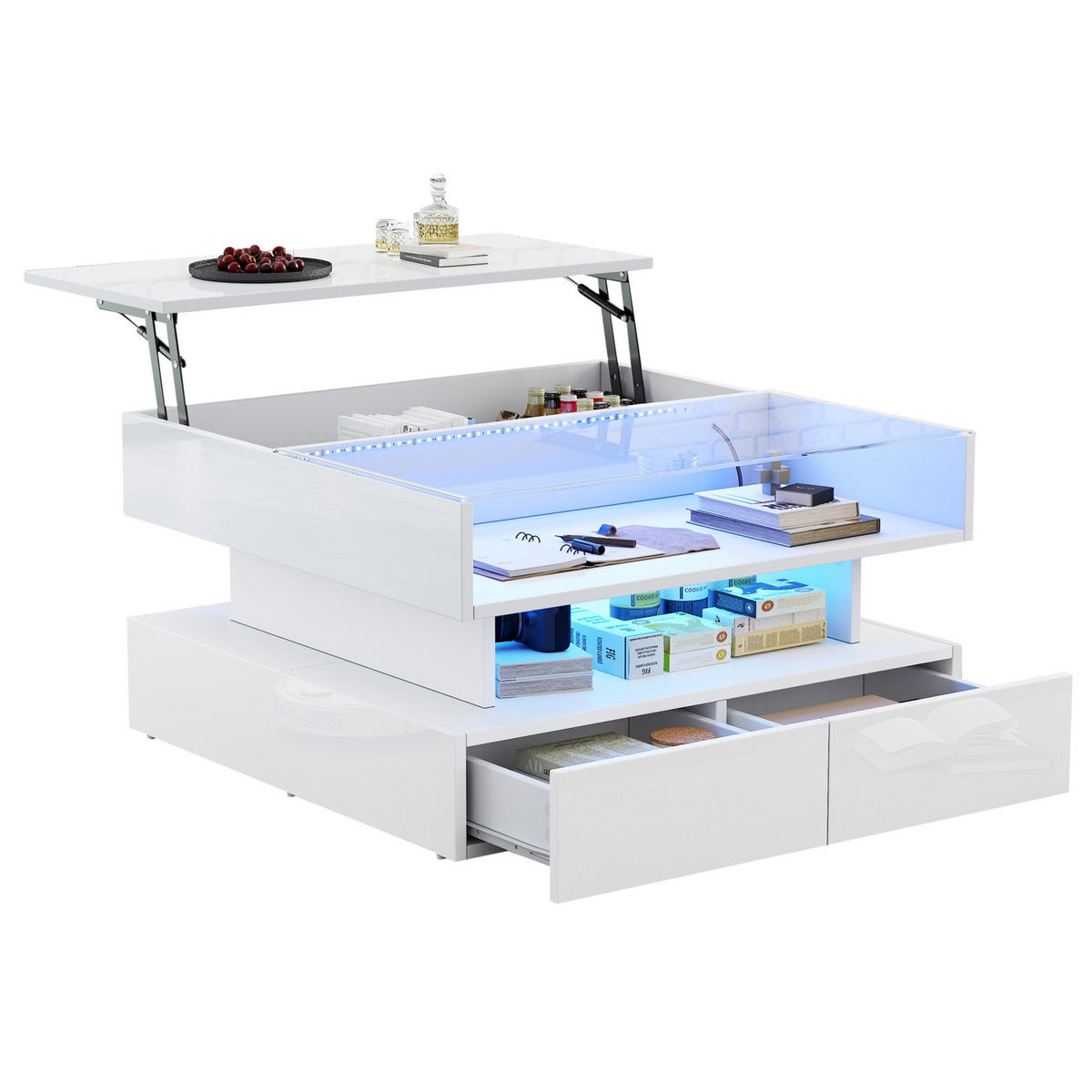 COUCHTISCH 80/80/45 cm mit LED-Beleuchtung und höhenverstellbarer Platte - Weiß, Holzwerkstoff (80/80/45cm) - Flora Grace