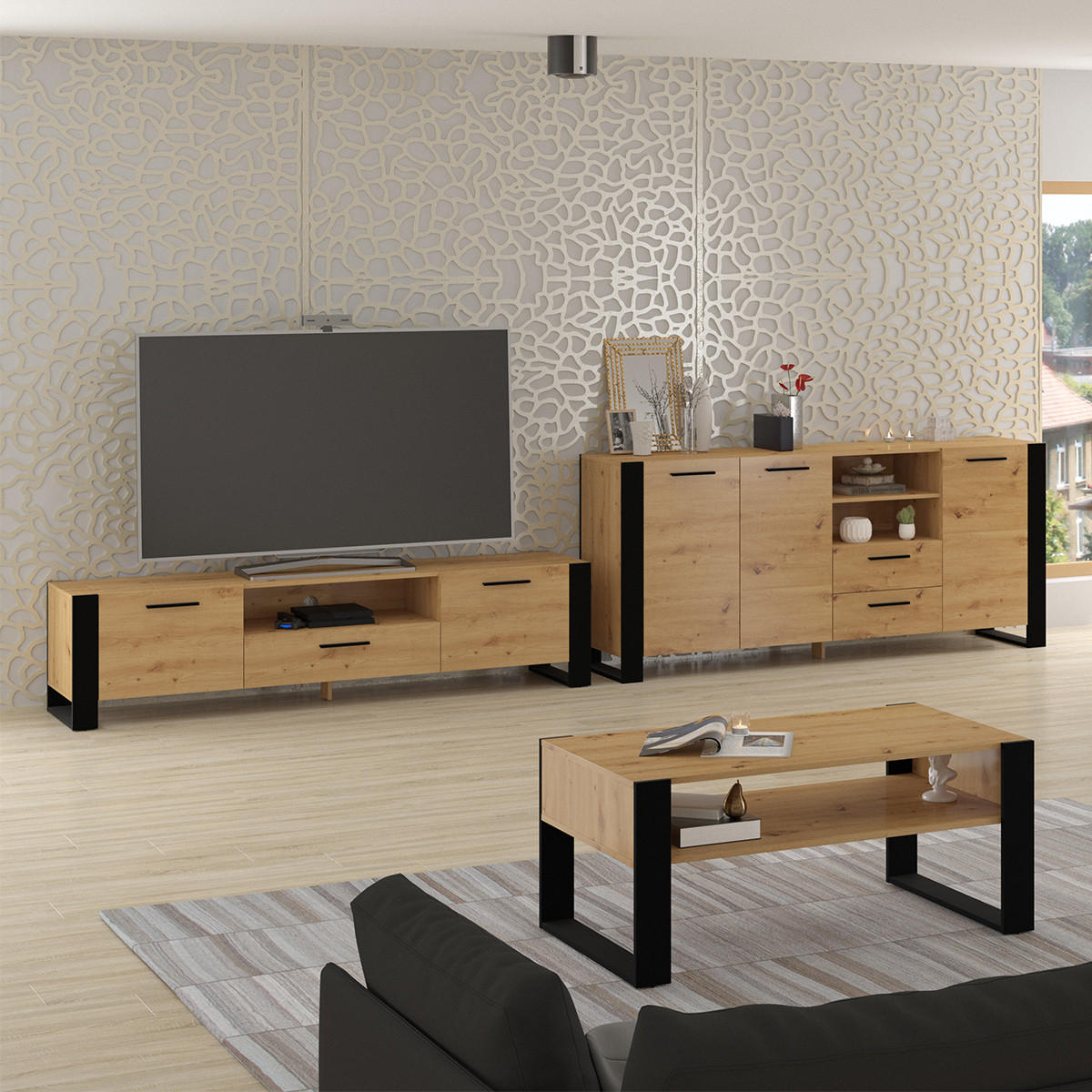 TV-MÖBEL Nouka Holz und Schwarz - Schwarz, Holzwerkstoff (200/48/43cm) - Petits-meubles