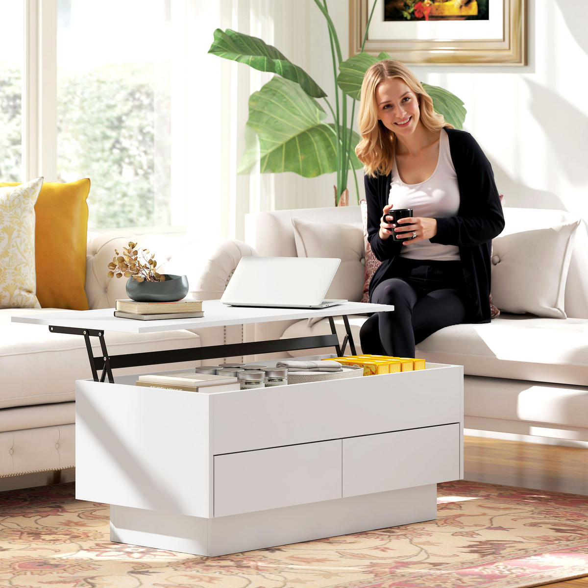COUCHTISCH DE-15807 klappbare Platte mit 2 Schubladen Weiß - Weiß, Holzwerkstoff (100/50/58cm) - ComfortXL