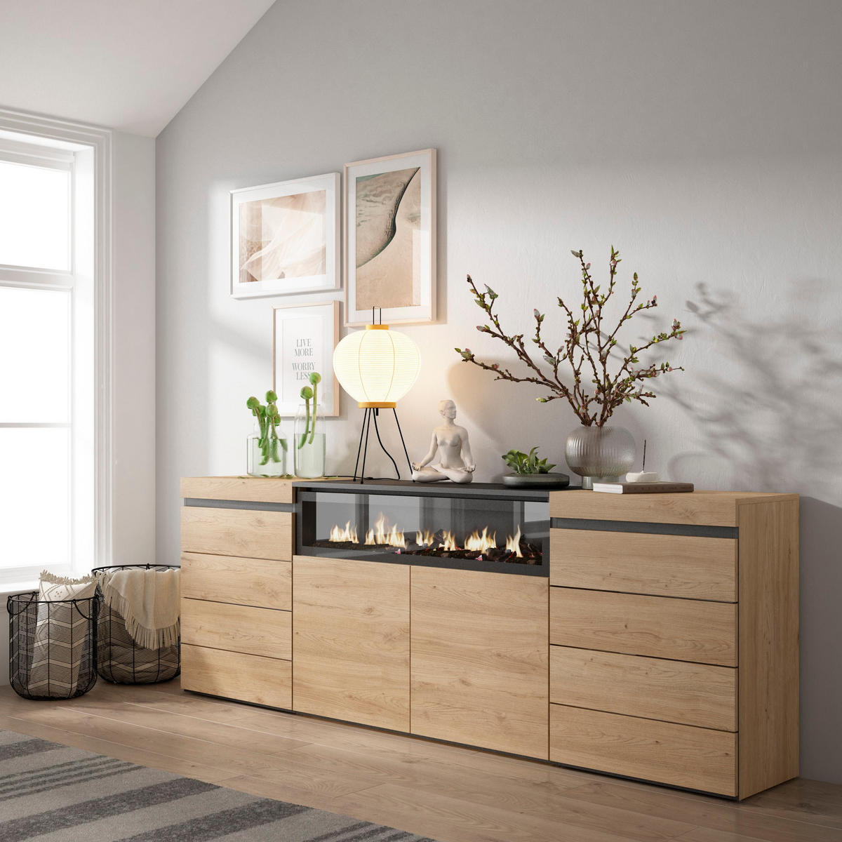 KOMMODE mit Schubladen, Elektrokamin, eiche, 214/35/75cm - Eichefarben/Beige, Holzwerkstoff (214/75/35cm) - Skraut Home