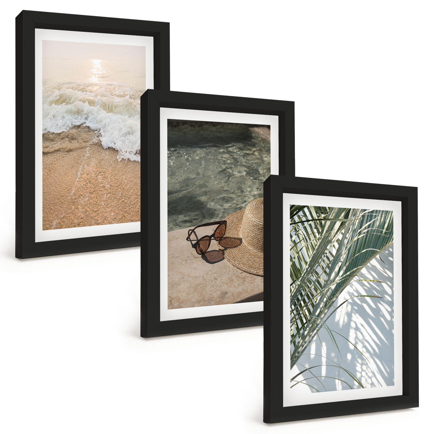 BILDER SET 3er Set - 20x30 cm Schwarzer Rahmen - Strandhut und Sonnenbrille - Schwarz, Kunststoff (20/30cm) - TULUP