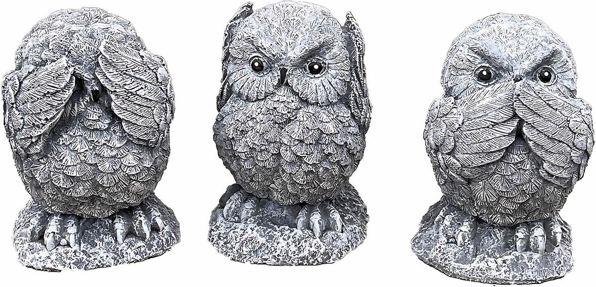 STEINFIGUR 3er Set Eule Nichts sehen Sagen hören frostfest Steinguss - Grau, Stein (7/8/5cm) - stoneandstyle