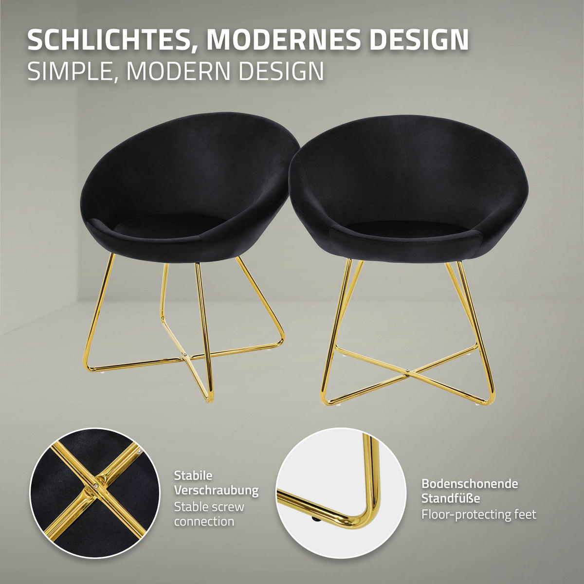 STUHL Samt schwarz - Goldfarben/Schwarz, Metall (58/74/65cm) - ML-DESIGN