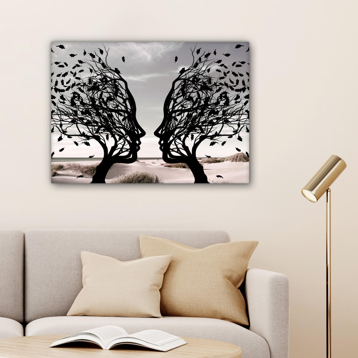 LEINWANDBILD Strand - Meer - Menschen - Baum - Moderne Kunst Wandbilder 80x60 cm - Hellgrau, Textil (80/60cm) - MuchoWow
