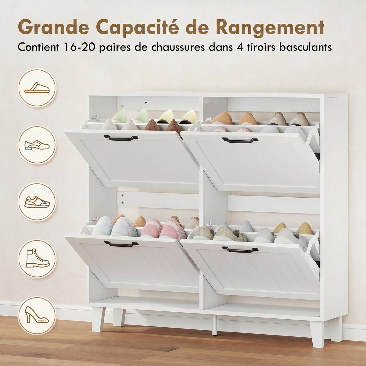 SCHUHSCHRANK,4 Klappschubladen verstellbare Böden,weiß - Weiß, Holzwerkstoff (99.5/93.3/24cm) - Vallsero