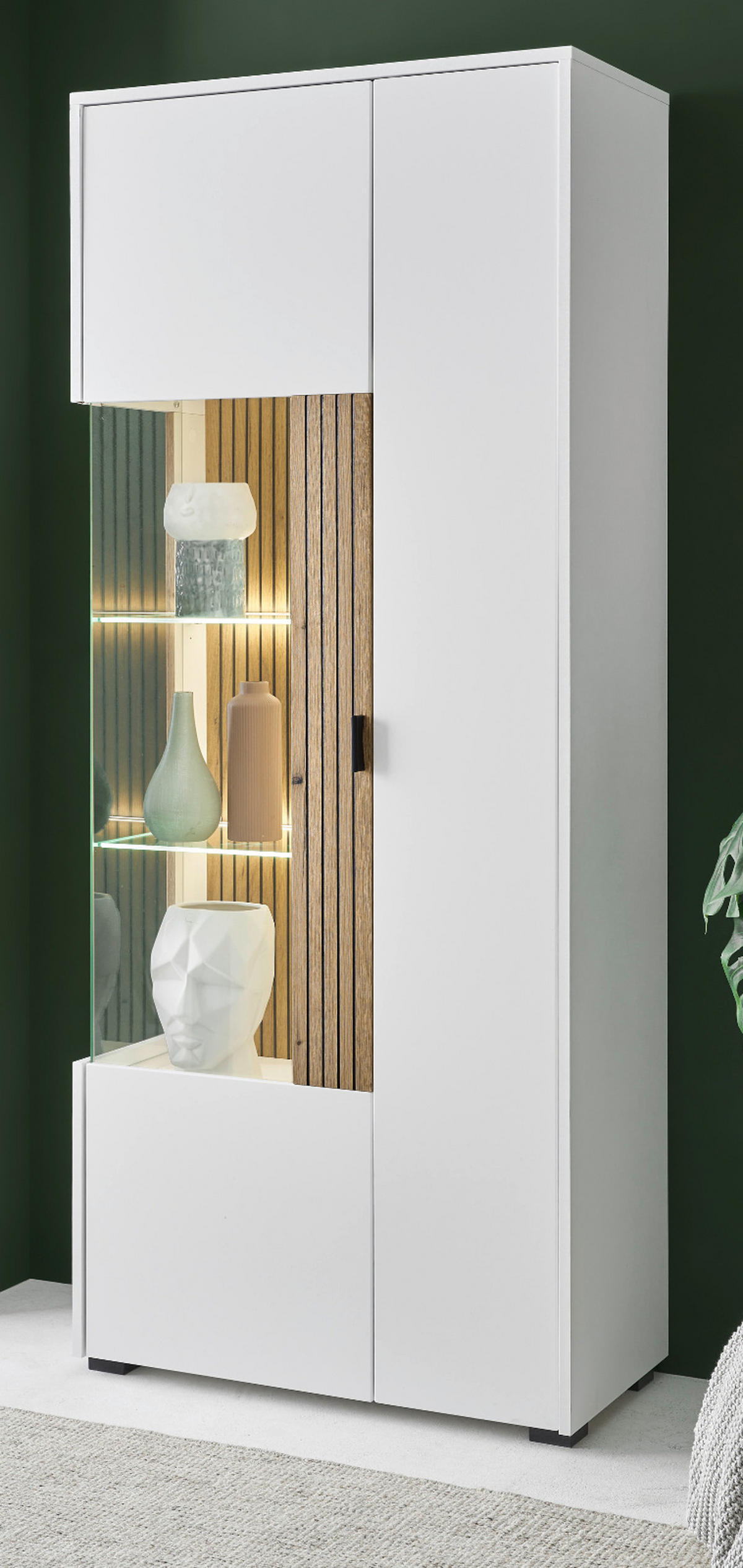 VITRINE weiß matt, Eiche 75 x 180 cm, Vitrinenschrank 10 Fächer und Soft-Close-Funktion - Eichefarben/Schwarz, Glas/Holzwerkstoff (75/180/38cm) - Furn.Design