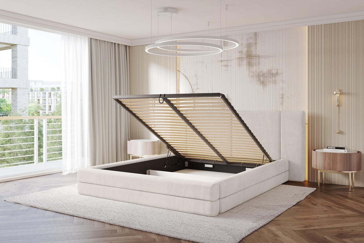 POLSTERBETT mit Bettkasten und Lattenrost, Bett mit Matratze H3/H4 - TEVO 160x200 Beige - Ecru, Holzwerkstoff/Textil (160/200cm) - ALTDECOR