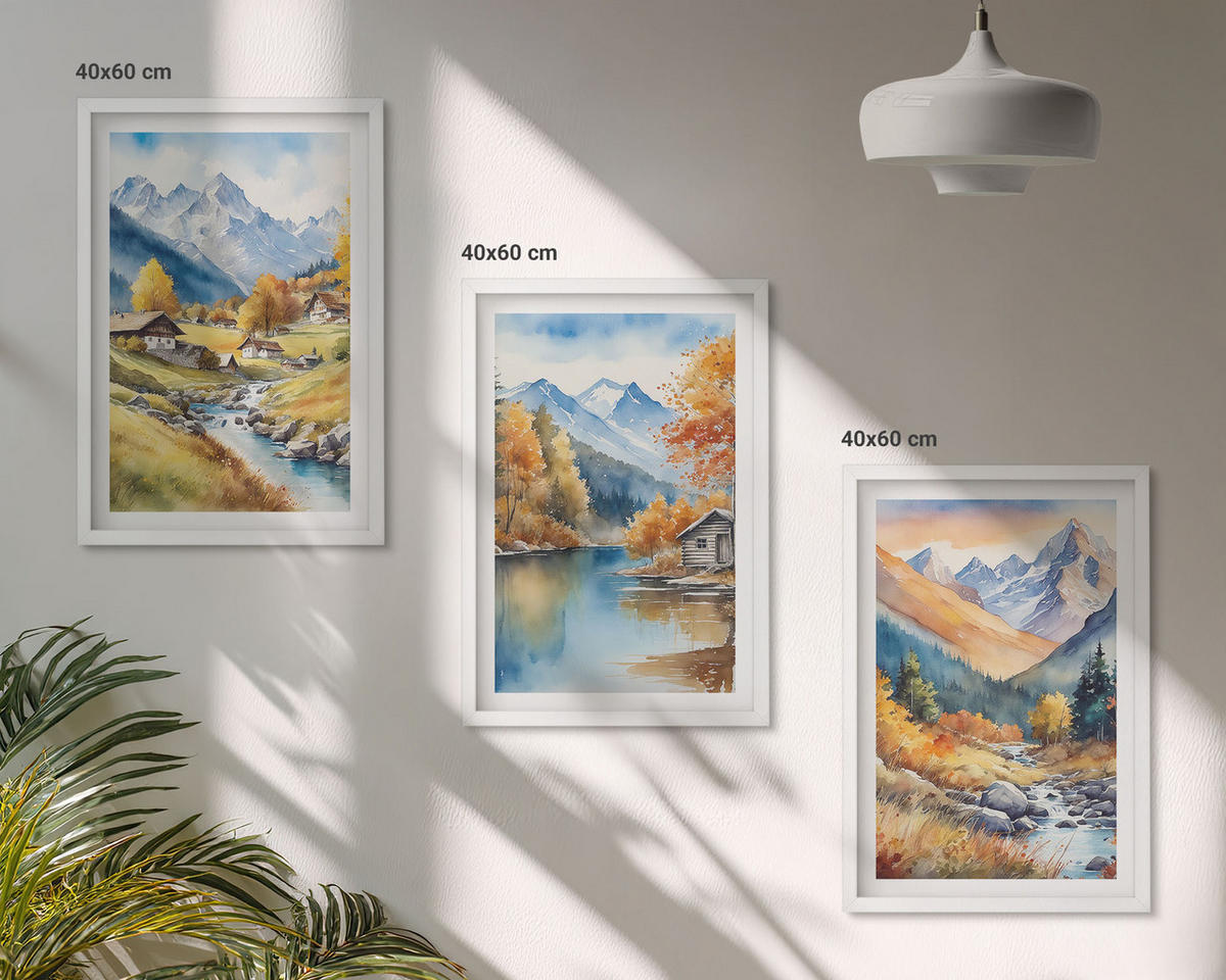 WANDBILDER 3er-Set - 40x60 cm Weißer Rahmen - Herbstliche Berge, Flusshäuser - Weiß, Kunststoff (40/60cm) - ArtPrintCave