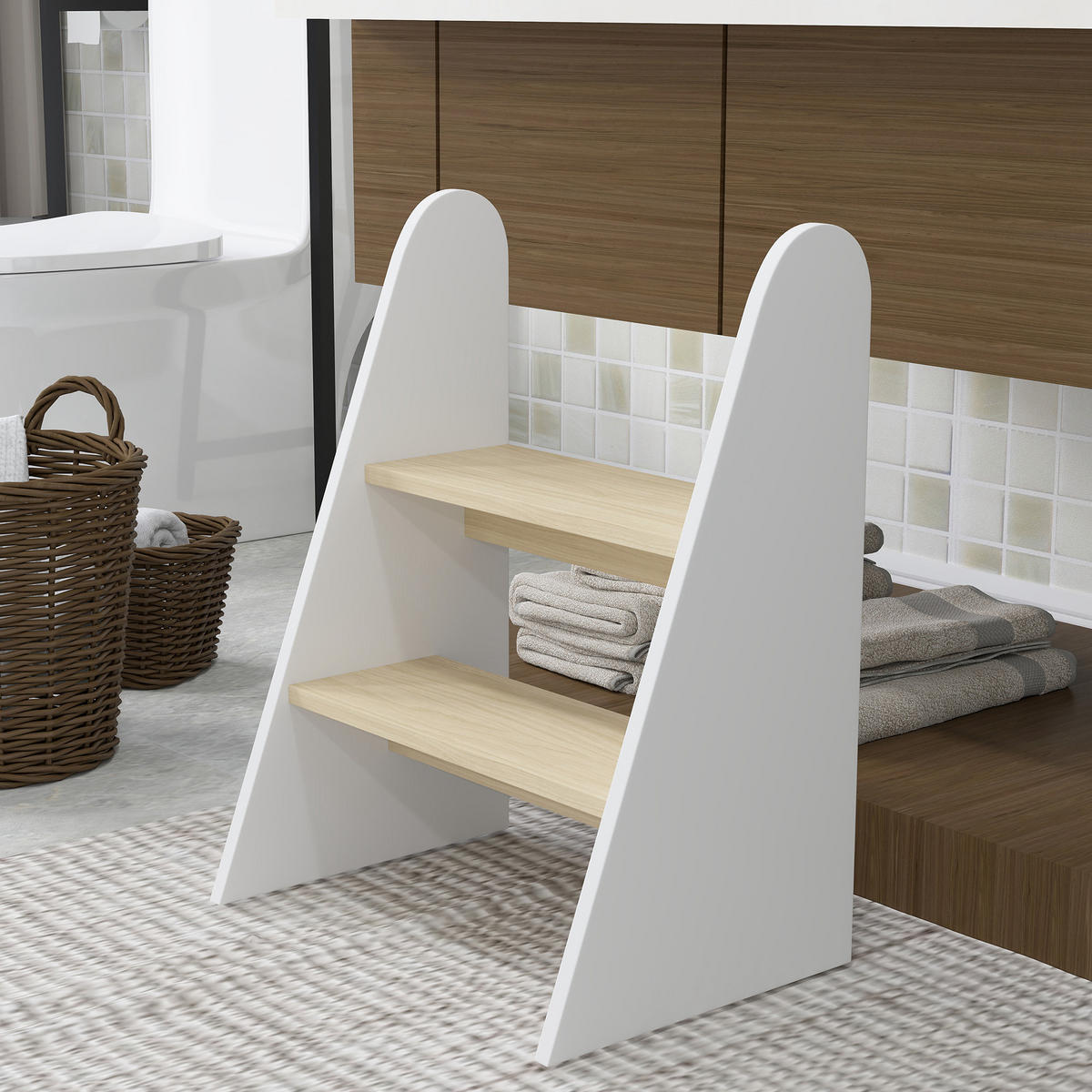 KINDERTRITTHOCKER DE-17238 2-stufig, rutschfest Weiß - Weiß, Naturmaterialien (30/55/43cm) - ComfortXL