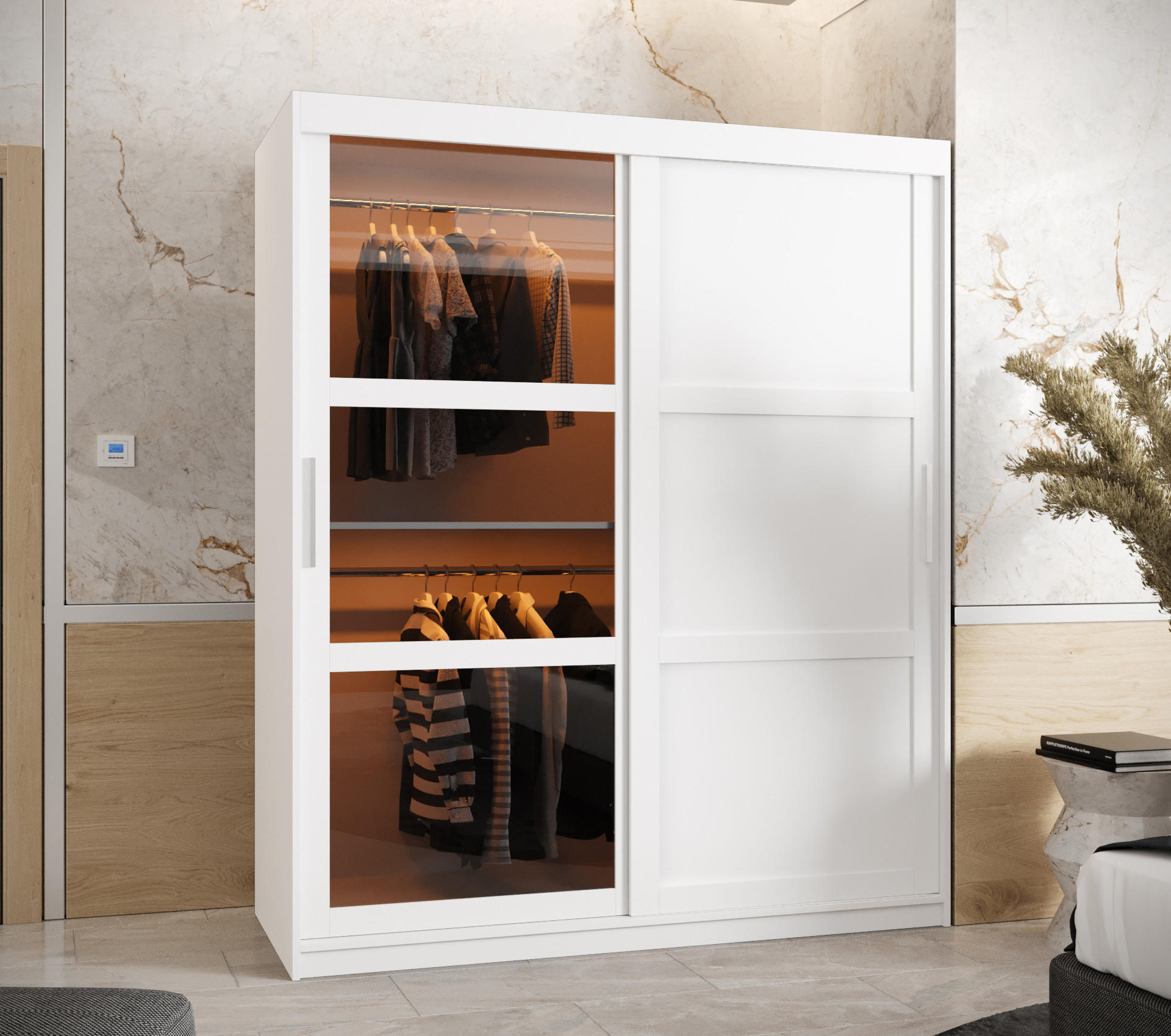 SCHWEBETÜRENSCHRANK 200/150/62 2-türig - Silberfarben/Weiß, Holz/Kunststoff (150/200/62cm) - Abiks Möbel