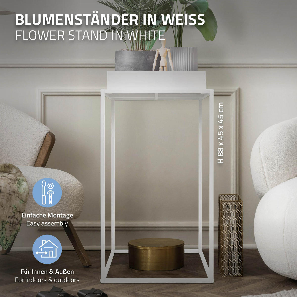 BLUMENSTÄNDER Weiß 45/45/80 cm - Weiß, Metall (45/45/80cm) - ML-DESIGN