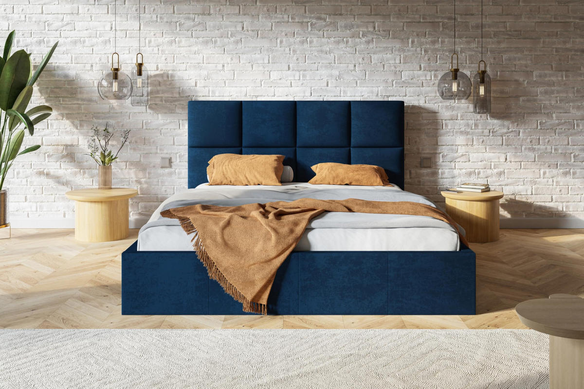 BETT 90x200 - Polsterbett mit Bettkasten und Holzrahmen - Modern Betten - Glatter Kronos-Stoff- Kollektion Roma, Blau - Blau, Holz/Textil (90/200cm) - Alpi-Möbel
