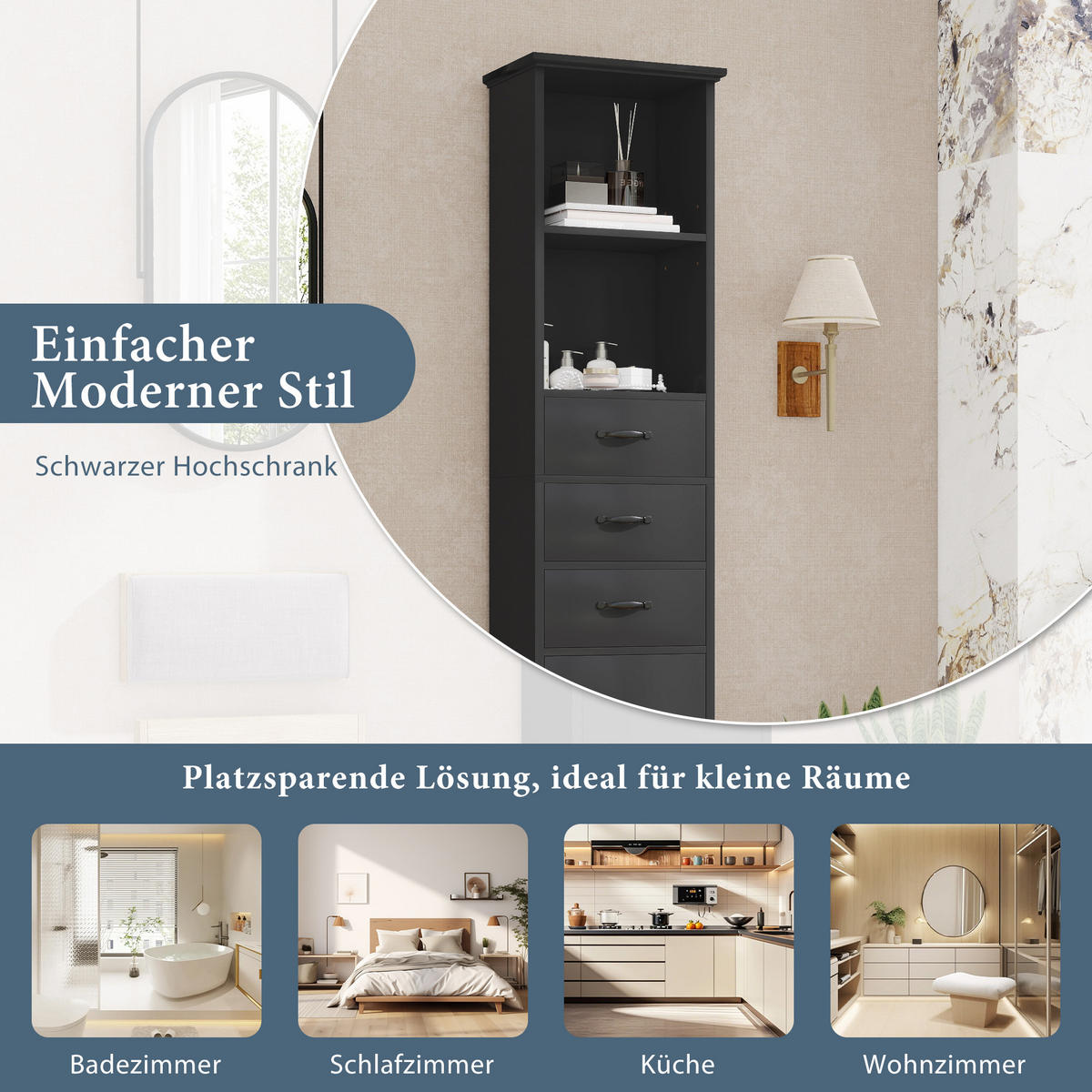 HOCHSCHRANK 38/26/172.5 cm Schwarz mit 3 Schubladen und doppelte offene Regalböden - Schwarz, Holz/Holzwerkstoff (26/172.5/38cm) - Oxeza