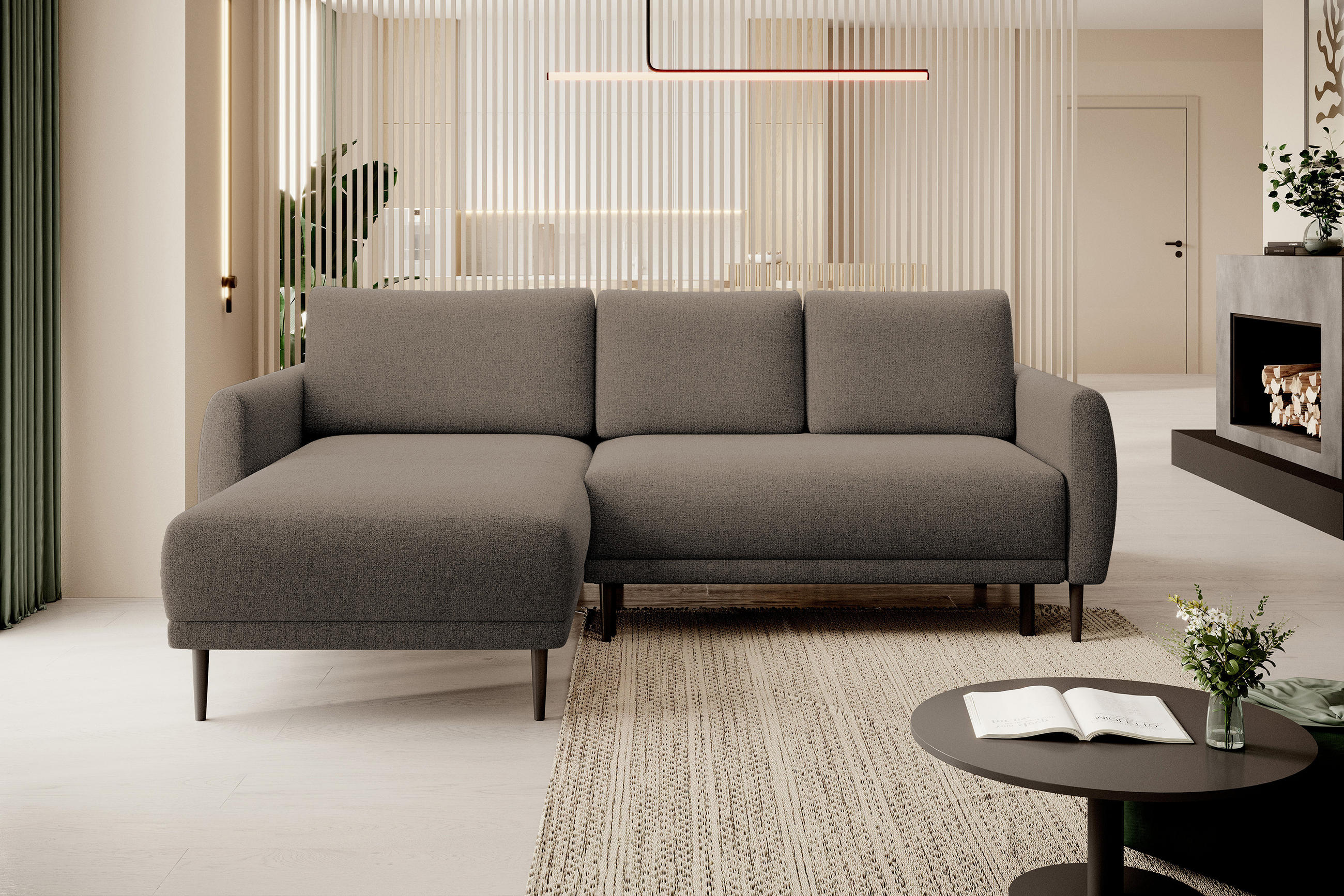 ECKSOFA BONO Stilvolles Sofa mit Schlaffunktion, Robuste Holzfüße, Elegante Armlehnen, Tiefe Sitzfläche 226x164x88cm, Linke, Hellbraun - Hellbraun, Holz/Textil (164/226cm) - DomoHome