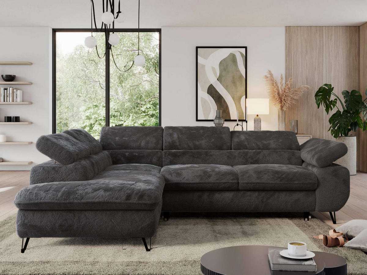ECKSOFA PEDRO L Anthrazit Plüsch - Links Seite - Anthrazit/Schwarz, Textil/Metall (208/273cm) - MKS