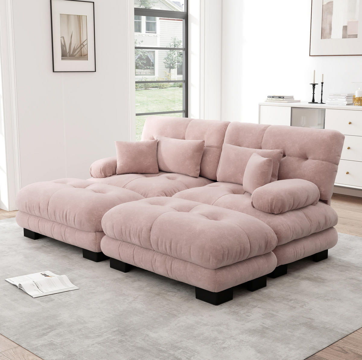 ECKSOFA mit modularem Design, beweglichen Ottomane, Deko- und Lendenkissen aus Chenille, Pink - Pink, Textil (220/145cm) - Redom