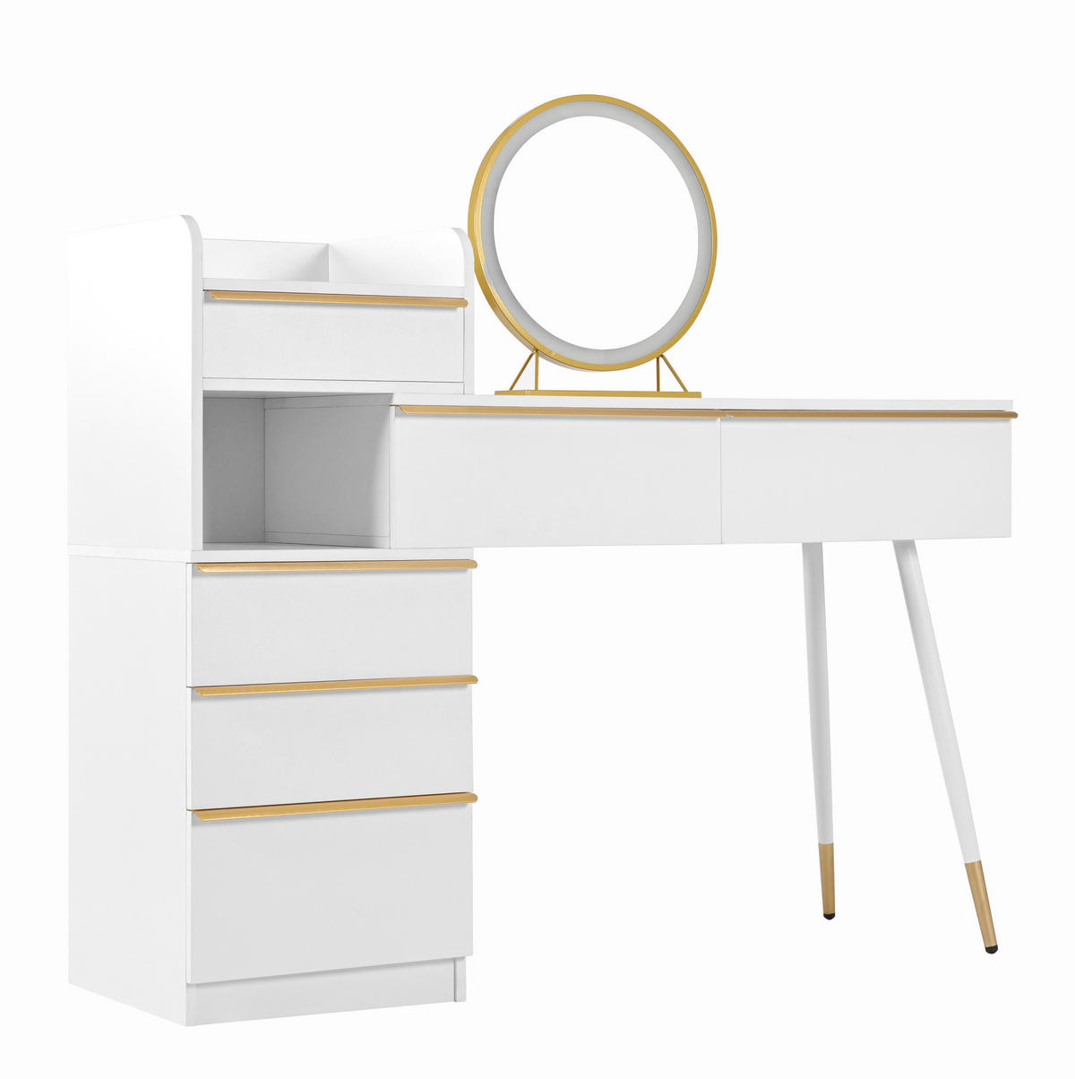 SCHMINKTISCH 41,5/100/102 cm mit ausziehbarer Tischplatte, LED-Spiegel und 6 Schubladen, Weiß - Weiß, Holzwerkstoff (100/102/41.5cm) - Redom