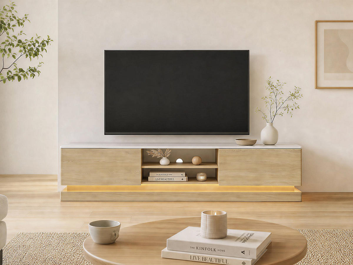 TV-BOARD - 190 cm x 40 cm - holz - naturfarben hell, weiß Devika - Naturfarben/Weiß, Holz (190/44/40cm) - Vente-Unique