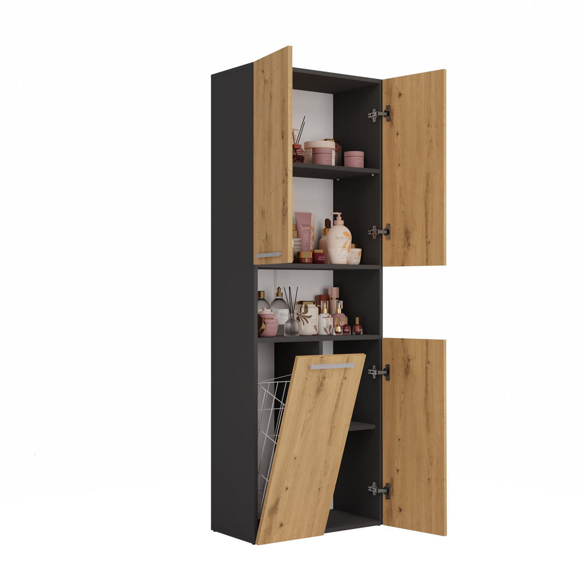BAD Hochschrank Billy - Anthrazit/Eiche Artisan, Holzwerkstoff (60/174/30cm) - kommodly