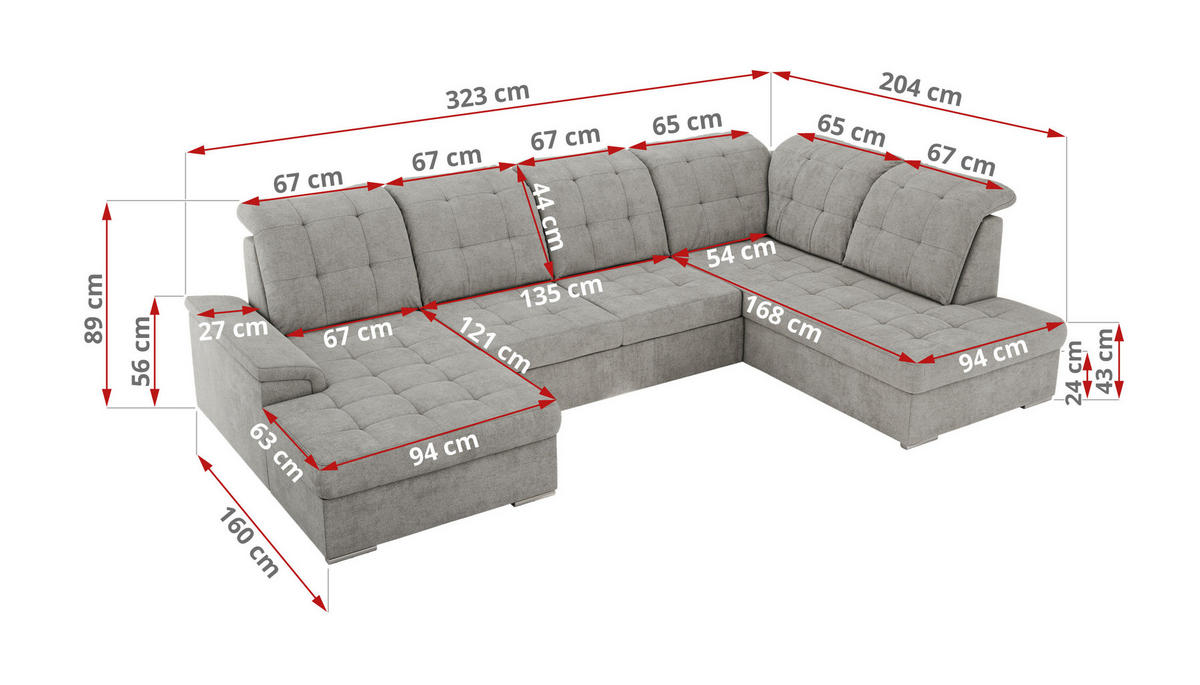 WOHNLANDSCHAFT MADRITO U - Hellgrau Struktur - Rechts - Silberfarben/Hellgrau, Textil/Metall (323/89/204cm) - MKS