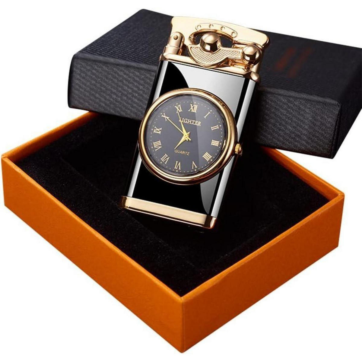 FEUERZEUG mit Uhr Schwarz - Multicolor, Metall (8/3/10cm)