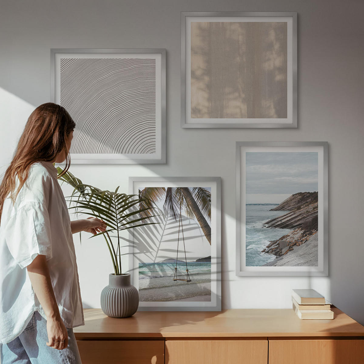 WANDBILDER 4er Set - 50x50 cm & 40x60 cm Silberner Rahmen - Sommerlicher Sandstrand mit Meerblick - Silberfarben, Kunststoff (50/50cm) - ArtPrintCave