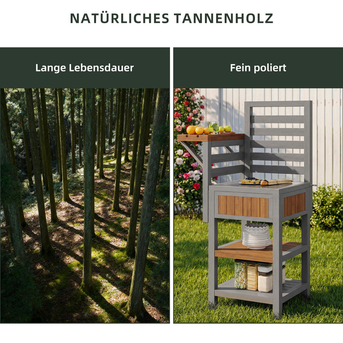 GARTENSCHRANK Holz Edelstahl Outdoor Grillstation Stauraum - Naturfarben, Holz (54/149/74cm) - FLIEKS