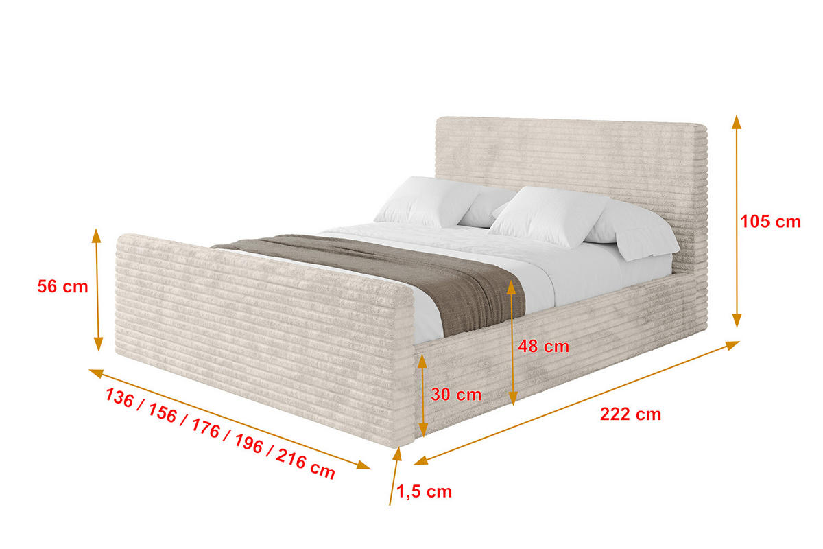 POLSTERBETT mit Bettkasten, Fußteil und Lattenrost, Boxbett ohne Matratze - ALOVA-Z 120x200 Creme - Creme, Holzwerkstoff/Textil (120/200cm) - ALTDECOR