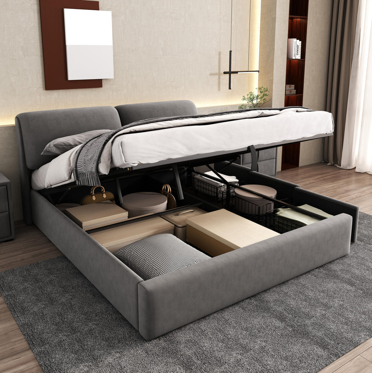ČALÚNENÁ posteľ, 160/200 cm, zamat sivá, s hydraulickým úložným priestorom a 3 zásuvkami - sivá, textil (160/200cm) - BEAOK