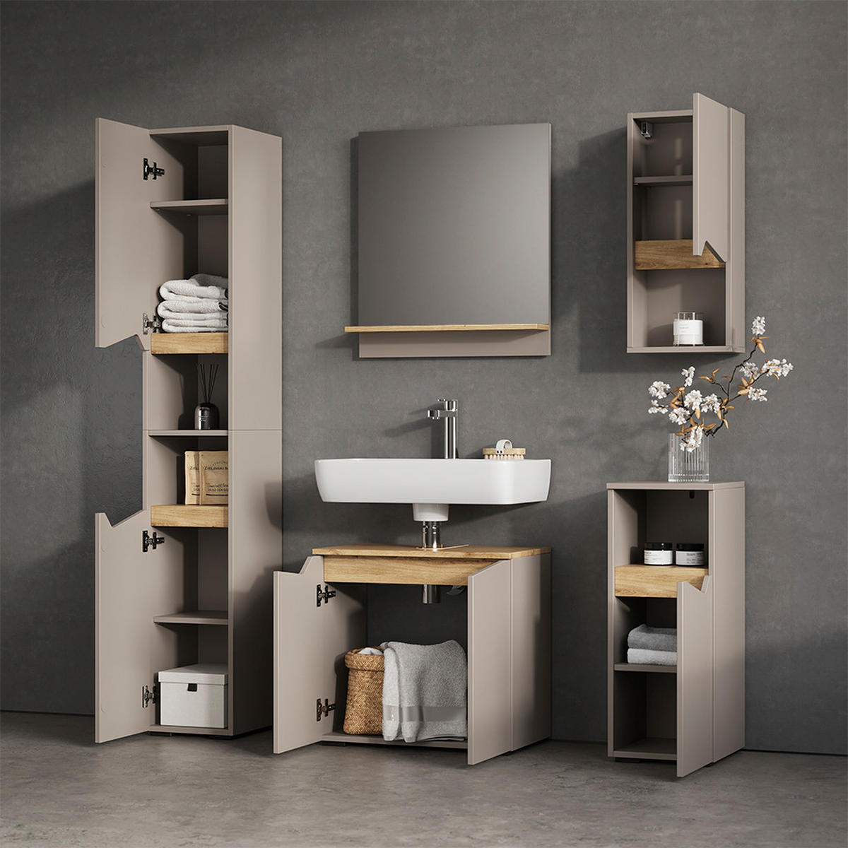 BADMÖBEL-KOMBINATION Timavo Greige 5 Teile - Greige/Eiche Artisan, Holzwerkstoff (60/57/35cm) - Livinity®