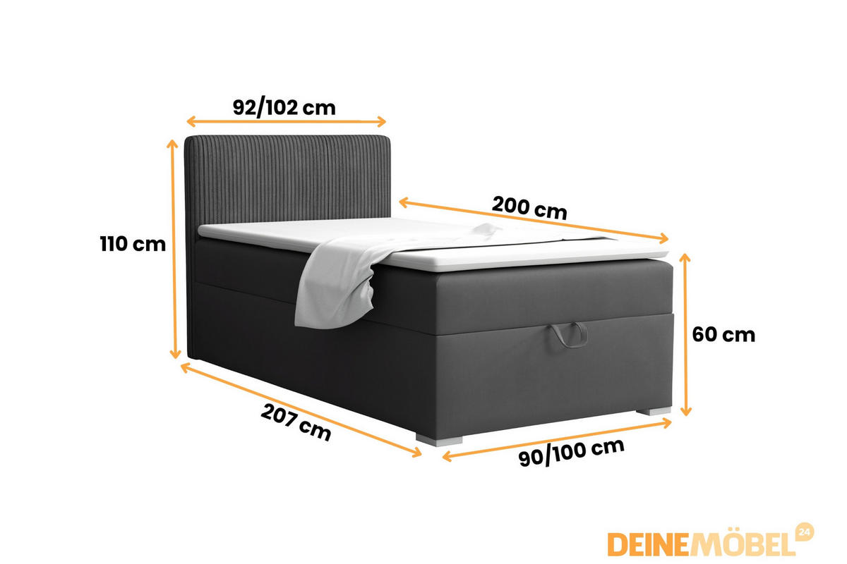 BOXBETT TEEN 4 90/200 Velours / Cord Anthrazit H3 - Anthrazit, Holz/Holzwerkstoff (90/200cm) - Deine Möbel 24