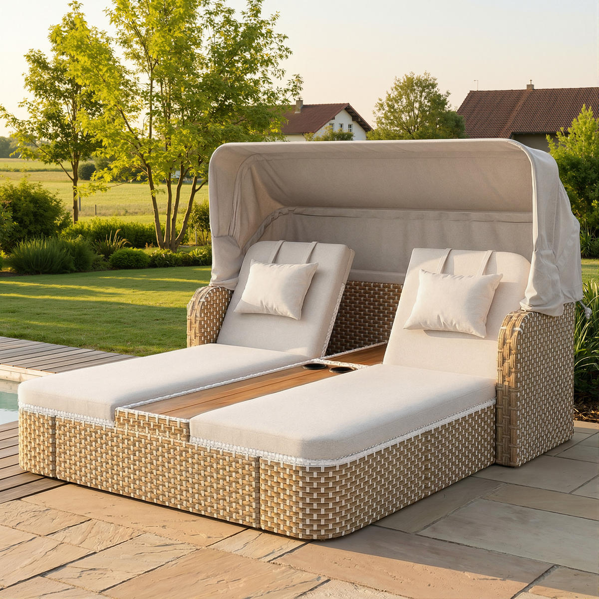 LOUNGESET Beige/Grau Mit Sonnenschutz & Pavillon - Beige, Metall (160/137/192cm) - FLIEKS