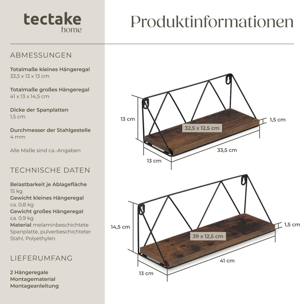 WANDREGAL 2er Set Rockport,Tiefe 13 cm,Industrial Holz dunkel,rustikal - Rostfarben, Holzwerkstoff (13/14.5/41cm) - tectake