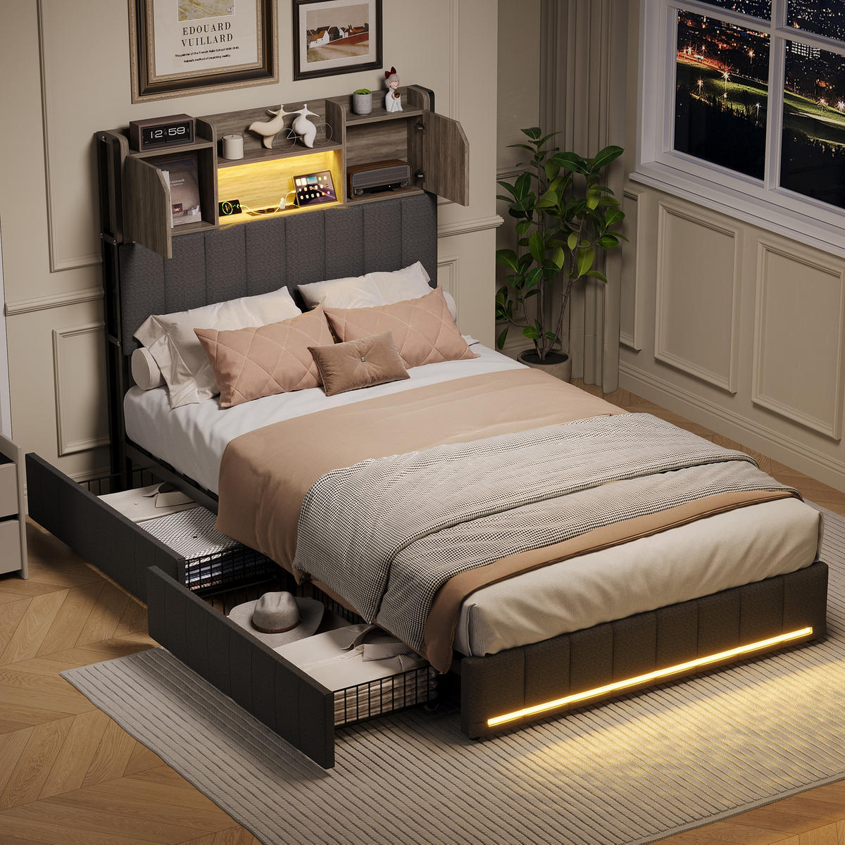 POLSTERBETT 90x200 cm LED USB 4 Schubladen Lattenrost Leinen grau - Grau, Holz (90/200cm) - LEBENLANG