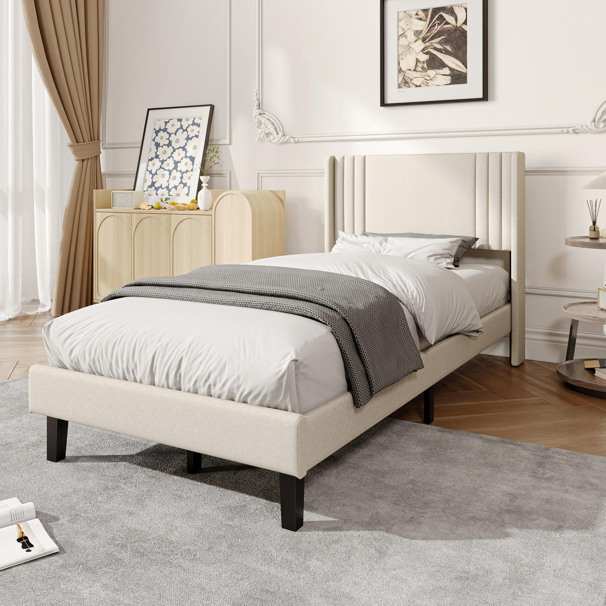 POLSTERBETT 90x200 cm Kopfteil Lattenrost Leinen Einzelbett beige - Beige, Holz (90/200cm) - LEBENLANG