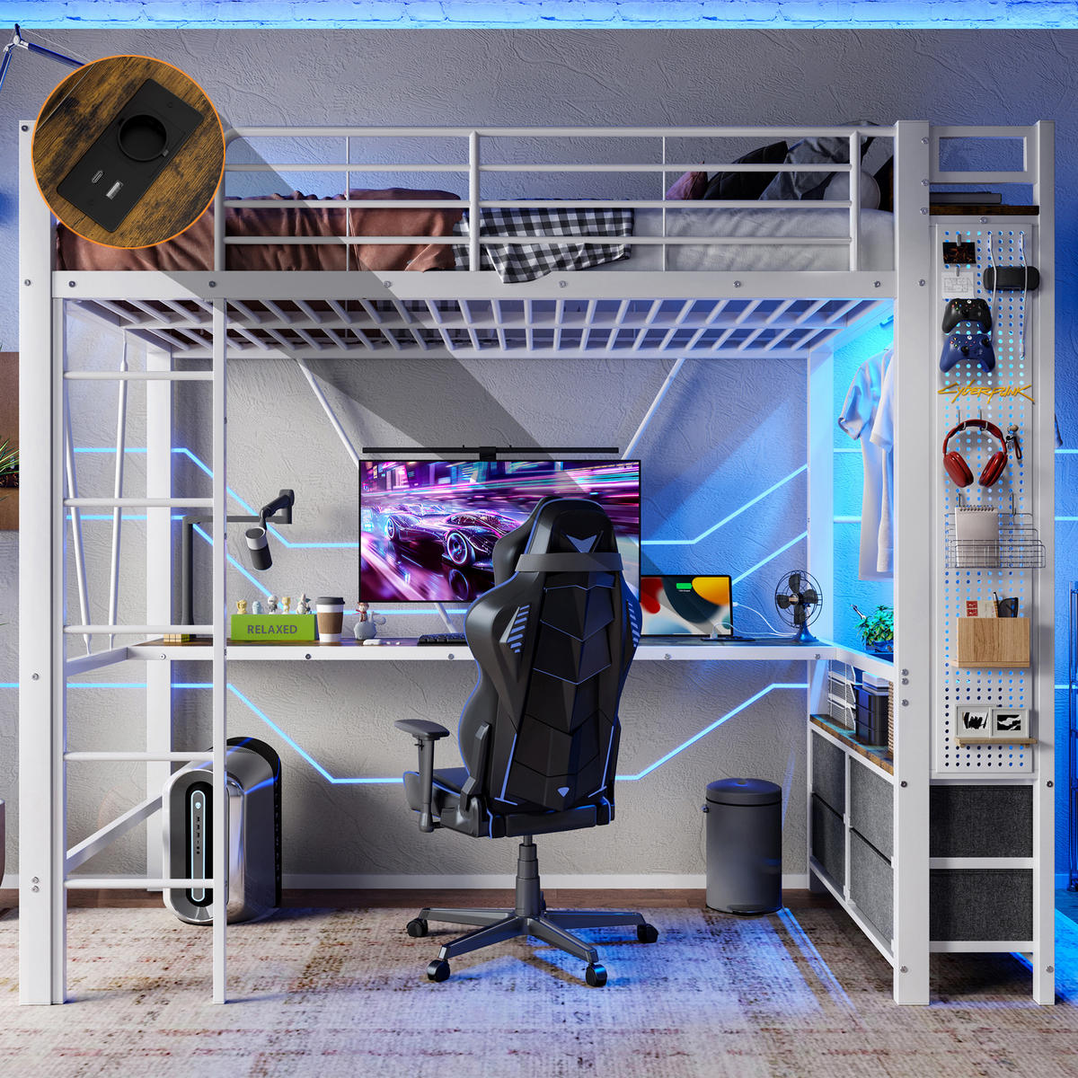 HOCHBETT 90/200 cm in Weiß mit Schreibtisch, 4 Schubladen, Regal, LED, USB und Type-C Metall modern - Weiß, Holz/Metall (90/200cm) - STILVORA