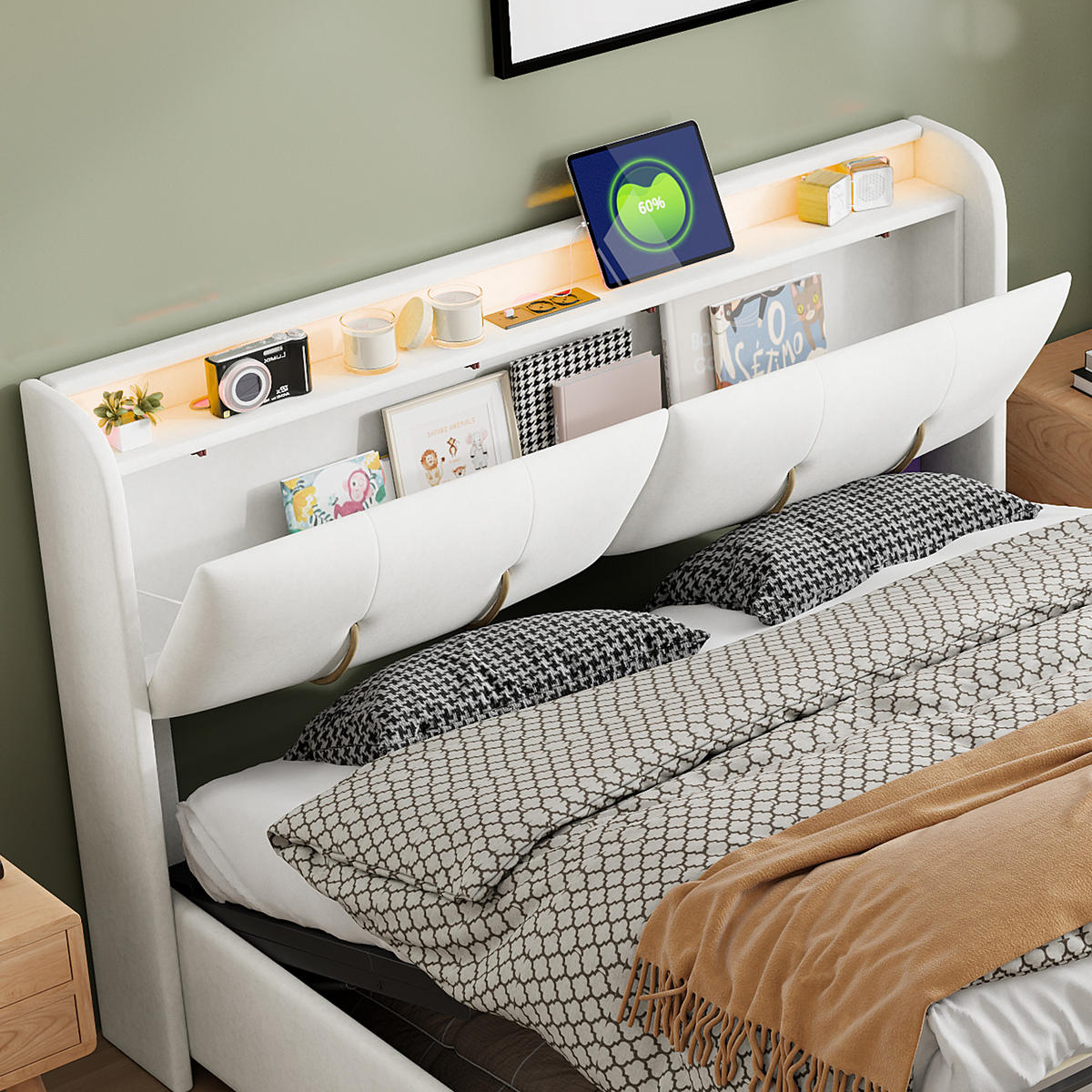 STAURAUMBETT 160x200 cm mit USB-Ladestation LED-Beleuchtung& Bettkasten, Samt - Weiß, Holz/Metall (160/200cm) - PARAFTA HOME