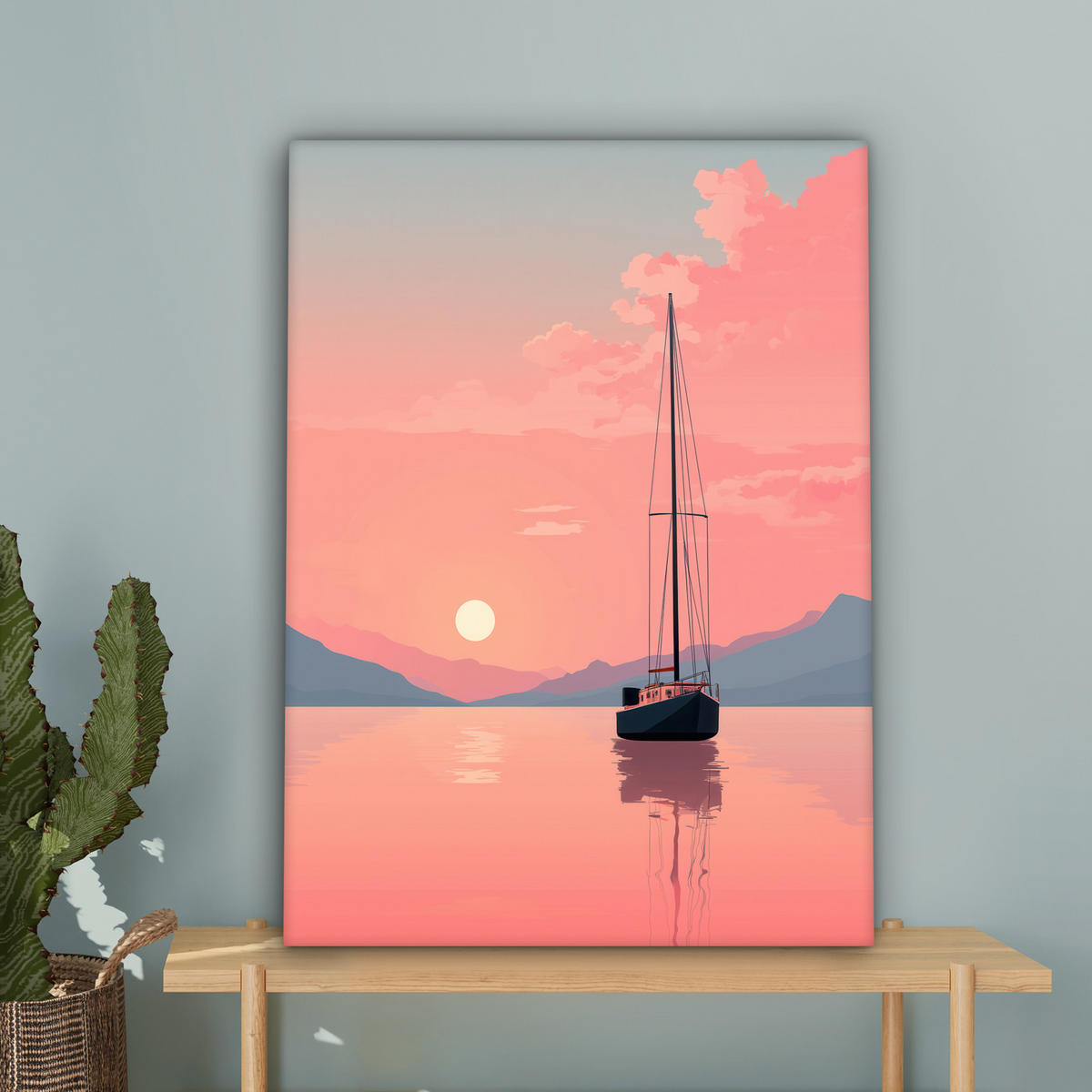 LEINWANDBILD Segelboot - Rosa Meer - Sonnenuntergang - Berge Wandbild Wohnzimmer 60x80 cm - Rosa, Textil (60/80cm) - MuchoWow