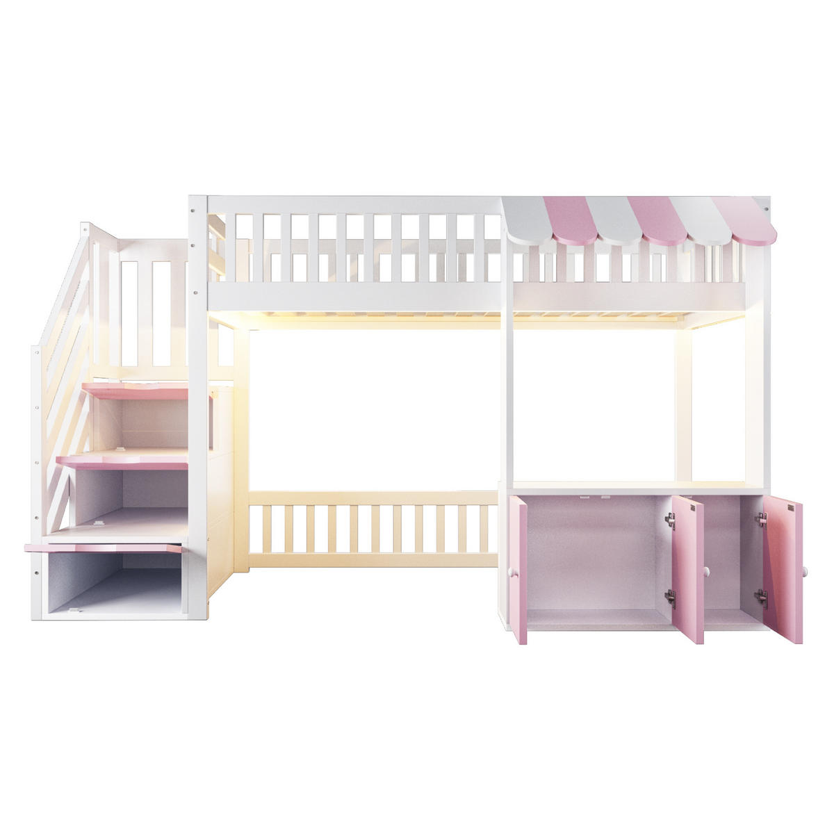 HOCHBETT aus Kiefernholz und MDF 90x200 cm Rosa/Weiß mit Stauraumtreppe, Schrank und LED-Beleuchtung - Weiß, Holz (90/200cm) - Modfu