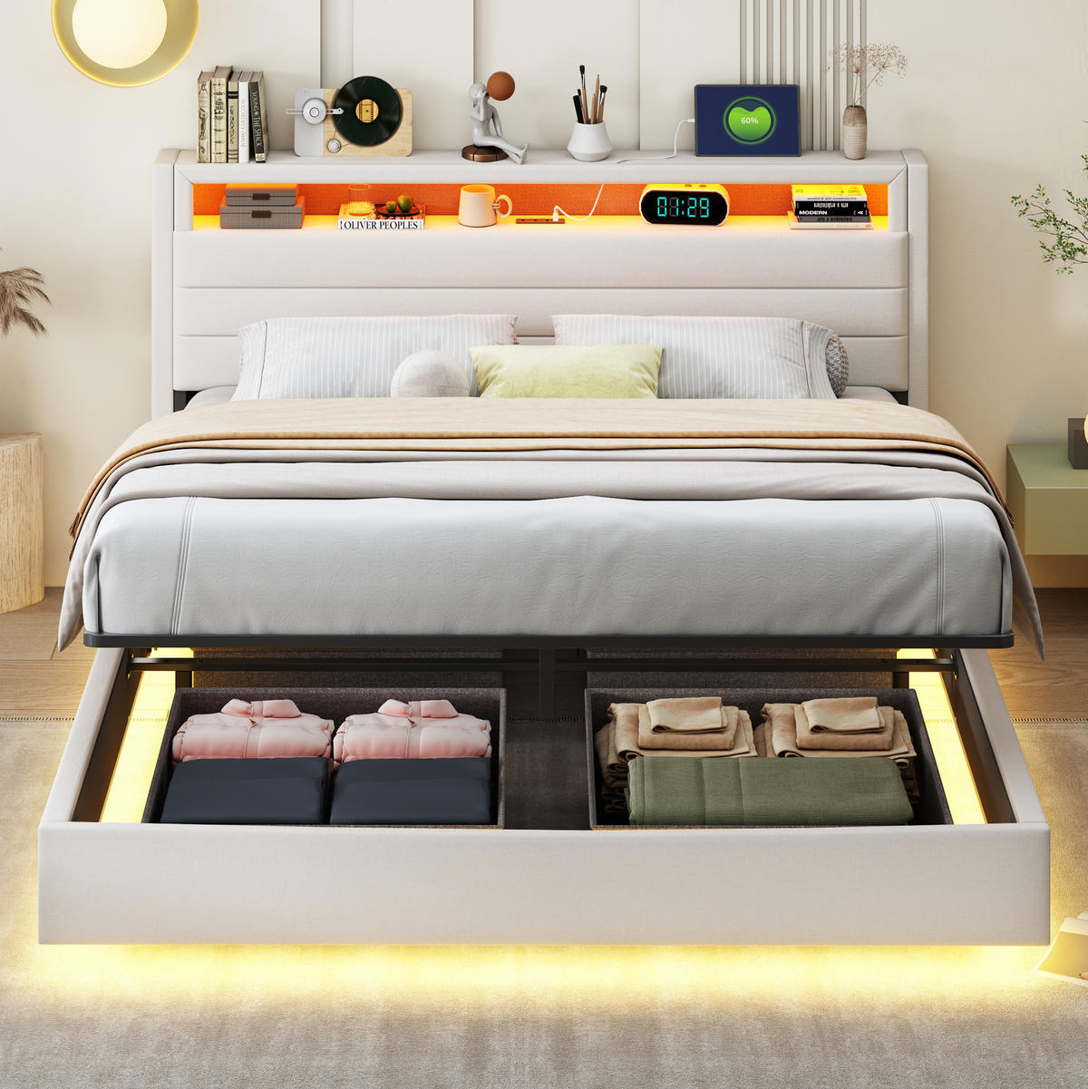 POLSTERBETT 160/200 cm in Beige mit Stauraum, LED-Beleuchtung und USB-Anschluss - Beige, Textil (160/200cm) - Flora Grace