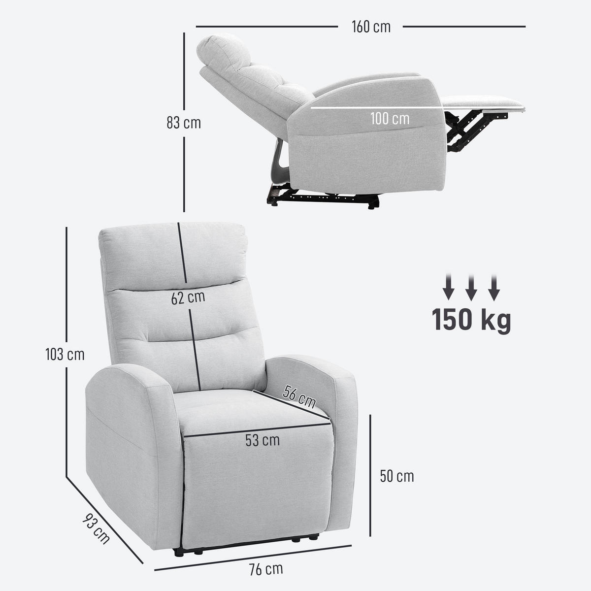 RELAXSESSEL, Fernsehsessel mit Liegefunktion, Hellgrau - Hellgrau, Kunststoff (93/103/76cm) - HOMCOM