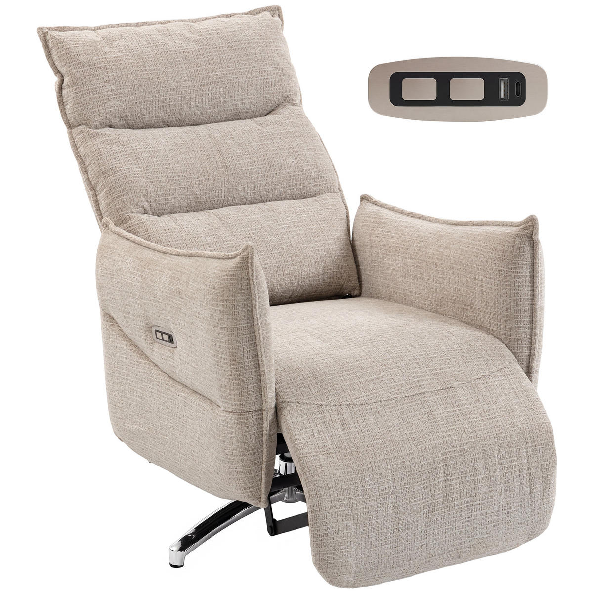 RELAXSESSEL DE-06443 160° neigbar, USB-A & USB-C Beige - Beige, Textil/Metall (76/111/88cm) - ComfortXL