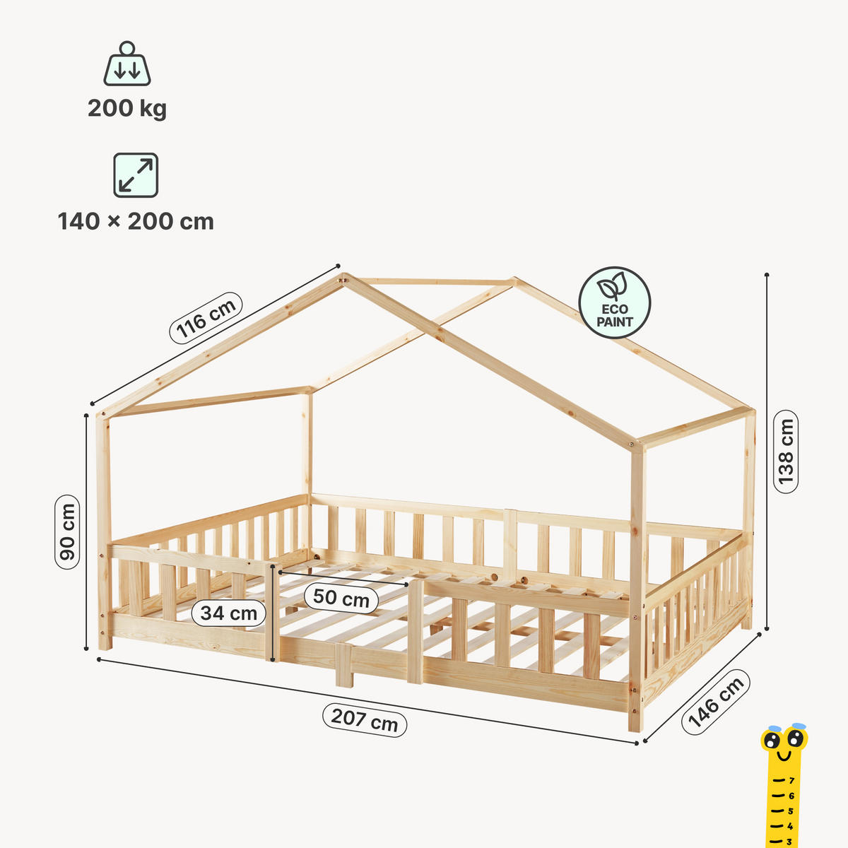 HAUSBETT Treviolo mit Matratze - Naturfarben, Holz/Textil (140/200cm) - [en.casa]